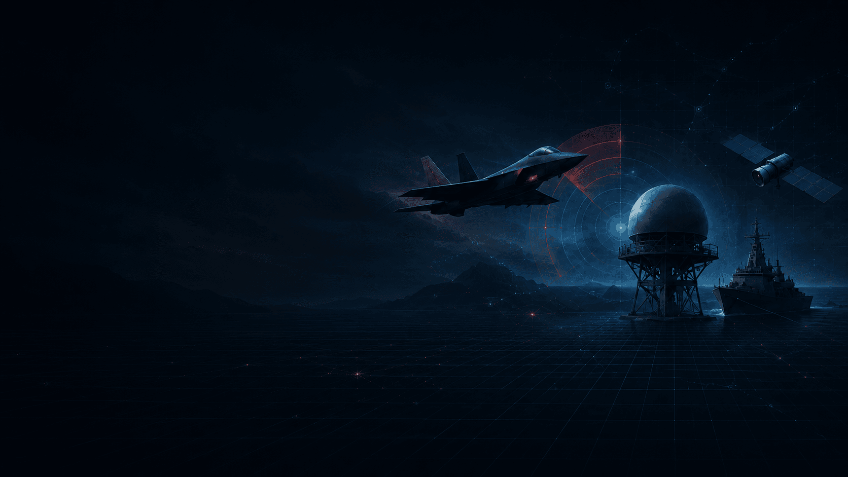 Defense and aerospace systems: fighter aircraft, radar dome, satellite, and naval vessel on a tactical grid