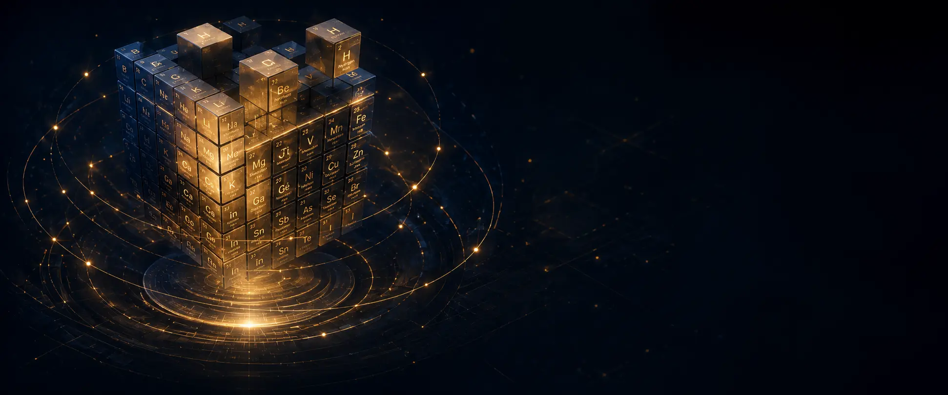 Genesis 12: a glowing cube of strategic element tiles rising from concentric gold orbit lines