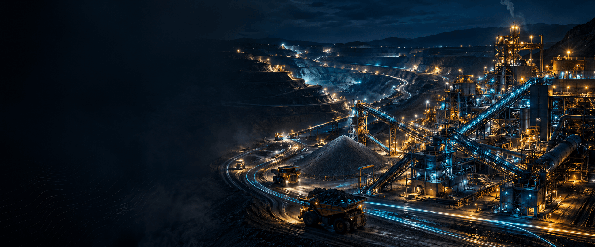 Open-pit mine at night with haul trucks, ore stockpiles, conveyors, and a lit processing and refining facility