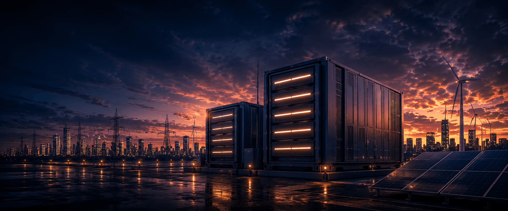 Grid-scale battery storage units at dusk, with wind turbine, solar panels, and a city skyline
