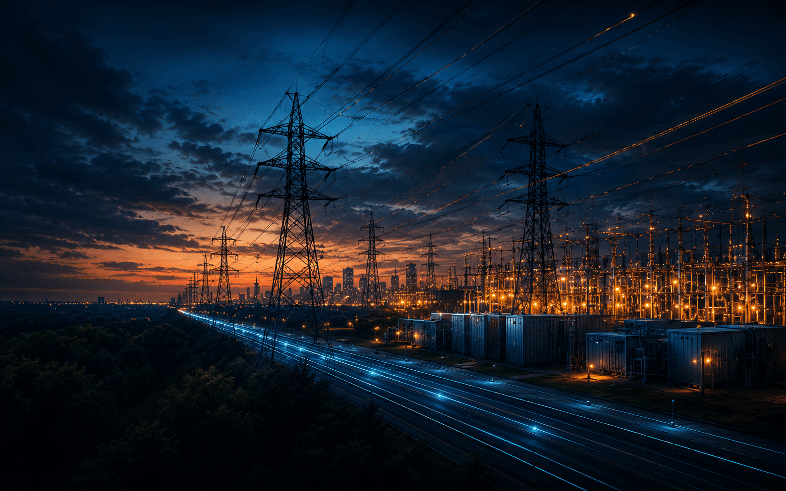 Energy grid at dusk: transmission pylons, an illuminated electrical substation, and power corridors