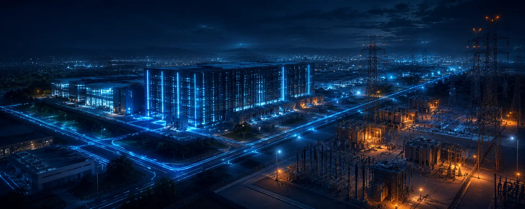 AI data center campus at night: glowing data-center towers, power corridors, and an electrical substation with transmission pylons