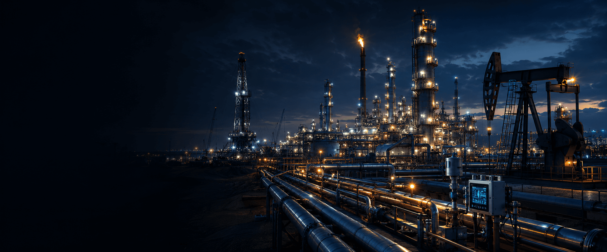 Oil and gas processing facility at night: refinery towers, a flare stack, a pump jack, drilling rigs, and pipelines