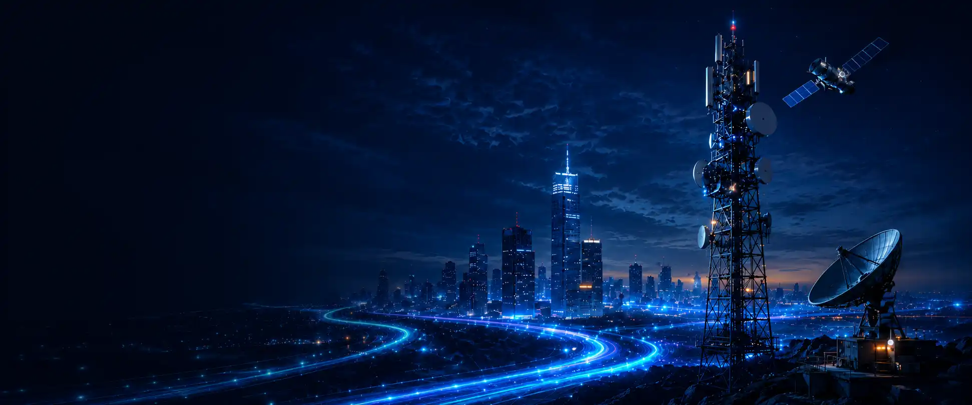 Telecom infrastructure at night: cell tower, satellite, satellite dish, city skyline, and network light trails